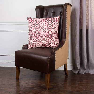 Burgundy and White Cotton Damask Square Throw Pillow