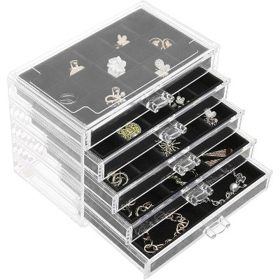 5-Drawer Clear Acrylic Jewelry Organizer with Velvet Lining, Earring Display Holder for Rings & Necklaces, Birthday Gift