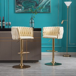 TiramisuBest Set of 2 Velvet Bar Stools with Chrome Footrest & Base, Swivel Height Adjustable Mechanical Lift, Golden Legs, Modern Navy - 1 of 4