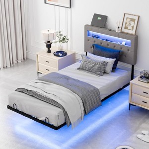 VINGLI Twin Floating Bed Frame with Upholstered Headboard,Charging Station/LED Lights, Modern Platform Bed, Grey - 1 of 4