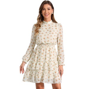 INSPIRE CHIC Women's Stand Collar Smocked Waist Sheer Sleeve Ruffle Layers Floral Chiffon Dress - 1 of 4