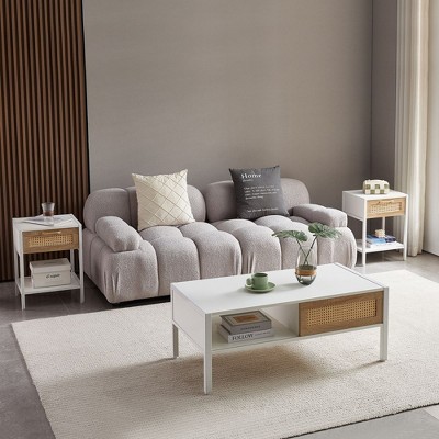 Rattan Coffee Table, Mid Century Modern Coffee Table with Sliding Door, Mid-Century Modern Rectangular Coffee Table w/Metal Legs, 40.1" Center Table