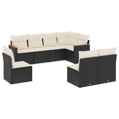vidaXL 8 Piece Patio Sofa Set with Cushions Black Poly Rattan - Black and Cream Without Table