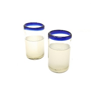 Dos Sueños Mexican Hand Blown Juice Glasses - Blue Rim - 8oz - Set of 2 - 1 of 4