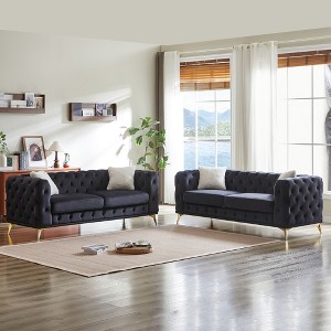 3-Seater + 3-Seater Velvet Modern Sofa with Tufted Buttons and Rolled Arms, Solid Wood Frame with Metal Legs, Includes 4 Cushions for Living Room - 1 of 4