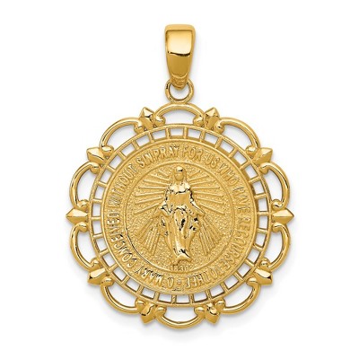 Black Bow Jewelry 14k Yellow or White Gold Round Filigree Miraculous Medal Pendant, 22mm