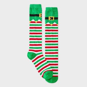 Women's Elf Christmas Knee High Socks with Feather Yarn Cuff - Wondershop™ Green/Red/White 4-10 - 1 of 3