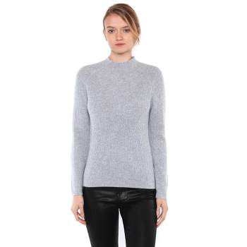 JENNIE LIU Women's 100% Pure Cashmere Long Sleeve Chuncky Rib Funnel Neck Sweater