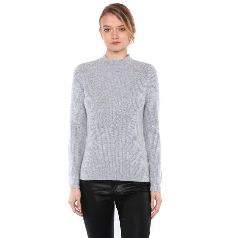JENNIE LIU Women's 100% Pure Cashmere Long Sleeve Chuncky Rib Funnel Neck Sweater, 1 of 4