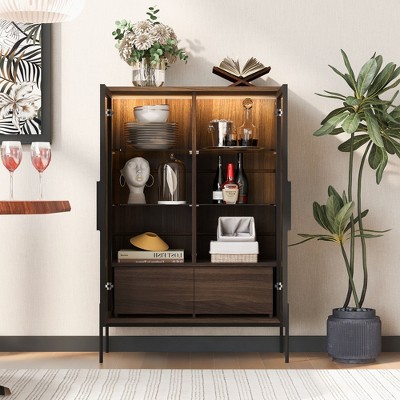 VYNXARIA 51.2" Tall Modern Minimalist Display Cabinet with Tempered Glass Door and Metal Legs in Walnut