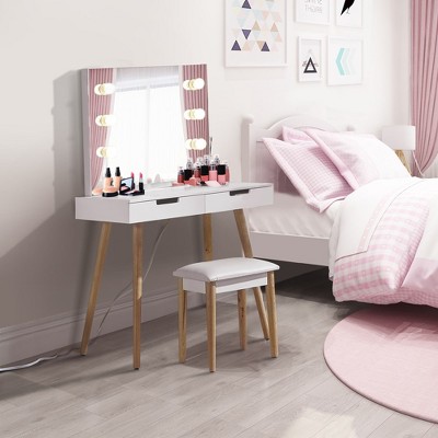 Whizmax Vanity Table With 6 LED Light Makeup Mirror 2 Drawers -USB Port Makeup Dressing Desk, White