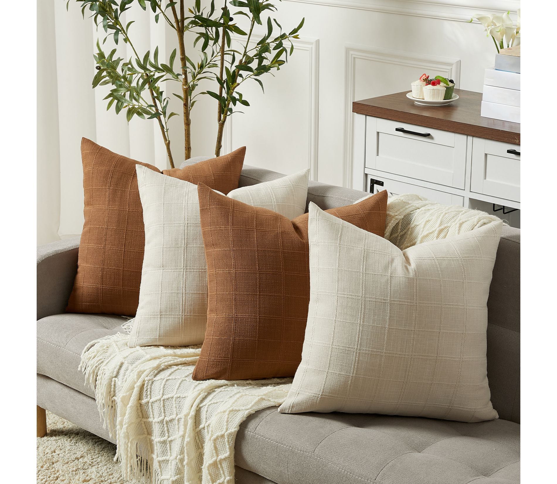 4-Pack Chenille Check Throw Pillow Covers, Decorative Square Cushion Covers, Farmhouse Boho Home Decor for Sofa Couch Bedroom