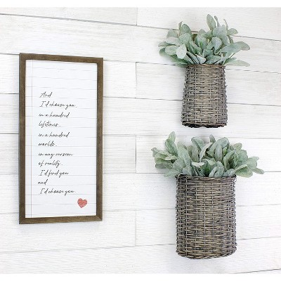 Gray Washed Wicker Oval Hanging Pocket Baskets, Set of 2