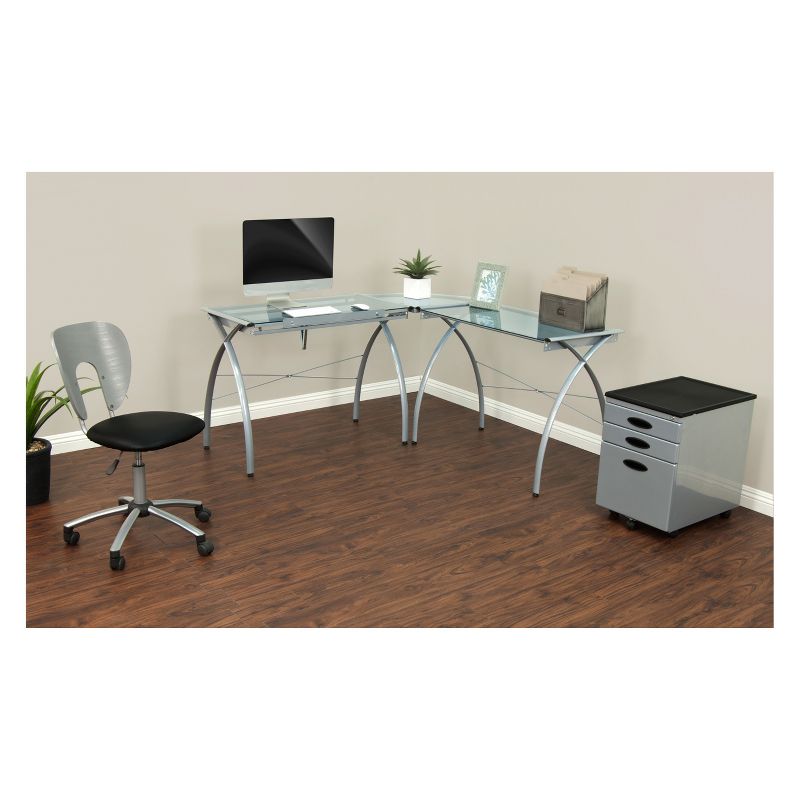 Futura L-Shaped Desk with Adjustable Top - Silver/Blue Glass, 6 of 7