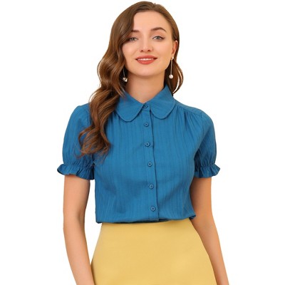 Allegra K Women's Pointed Collar Frilled Short Sleeve Solid Shirts Ocean  Blue X-Small