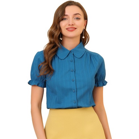 Allegra K Women's Collared Frilled Short Sleeve Solid Shirts Ocean Blue  X-Small