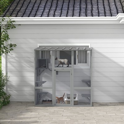 Gray Wooden Outdoor Cat House with Platforms and Bridge