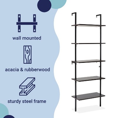 Madera Tall Black Wood and Metal Ladder Bookcase with 5 Shelves