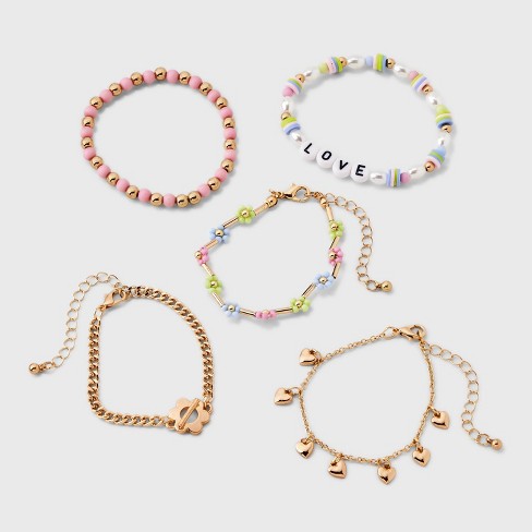 Girls' 5pk Mixed Bracelet Set With Stone And Heart Charms - Art