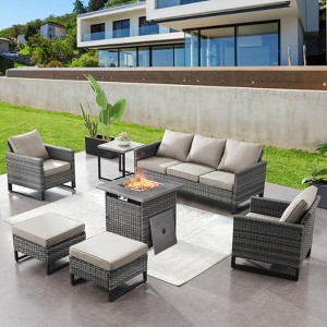 Buenhomino 7 Piece Wicker Outdoor Furniture Set with Thick Cushions, High Back Patio Furniture Set with PE Rattan Chairs and Square Fire Pit Table - 1 of 4
