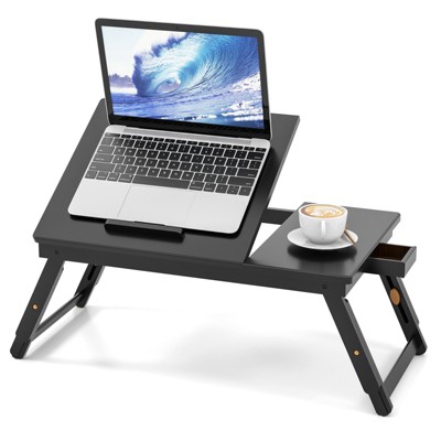Costway Bamboo Laptop Desk Adjustable Folding Bed Tray w/Drawer Heat Dissipation Black