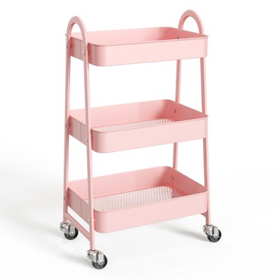 INFURNIC Utility Storage Carts 3-Tier Rolling Cart Metal Organizer Kitchen Trolley Bathroom Laundry Room Bar Office Shelves, Pink, 17.4"*12"*31"