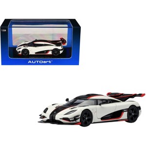 Koenigsegg One:1 Pebble White with Carbon and Red Stripes 1/64 Diecast Model Car by Autoart - 1 of 4