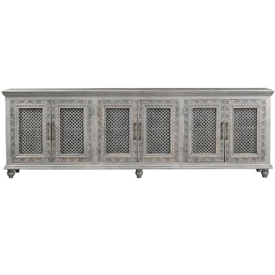 HomeRoots 111" Gray Distressed Solid Wood Carved Floral Sideboard with Six Doors