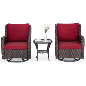 3-Piece Outdoor Rattan Swivel Rocking Patio Set, 360-Degree Swivel Rocking Chair Stylish Wicker Patio Bistro,Thick Cushions and Glass Coffee Table - 1 of 4