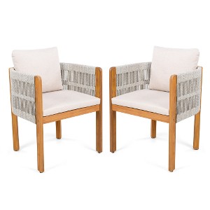 Ridstar 2-Piece Set of Rosewood Outdoor Dining Chairs with Mixed-Colour White Rope Handles & Washable Waterproof Cushions-Beige - 1 of 4