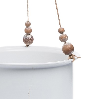 Set of 2 Green and White Metal Hanging Planters with Wood Beads