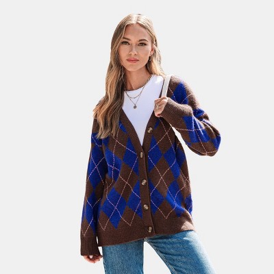 Women's Brown & Blue Argyle Button Up Cardigan - Cupshe