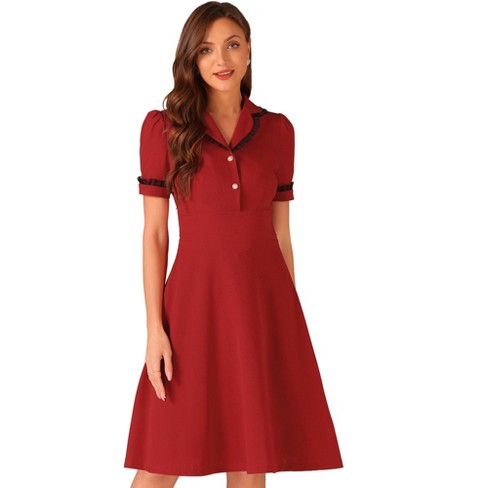 Allegra K Women's Elegant Ruffled Peter Pan Collar Dresses Red Small ...