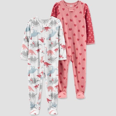 Image of Carter's Just One You® Toddler Girls' 2pk Hearts and Dinos Blanket Fleece Footed Pajama - White/Pink 12M