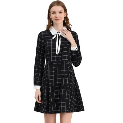 Allegra K Women's Peter Pan Collar Long Sleeve Plaid Shirt Dress