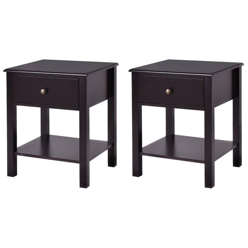 Tangkula 2PC End Table Nightstand w/Drawer & Shelf Bedroom Living Room Furniture Brown/Black/White, 1 of 10