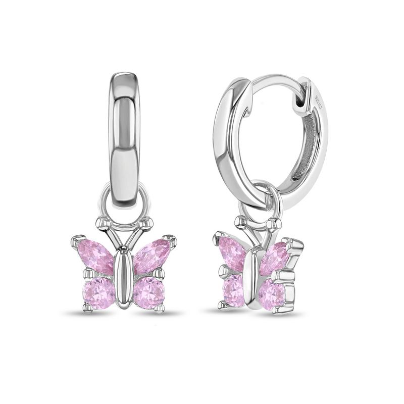 Girl's CZ Butterfly Dangle Hoop Sterling Silver Earrings - In Season Jewelry, 1 of 6