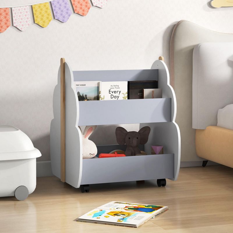 Costway Kids Wooden Bookshelf with Wheels 2-Tier Toy Storage Shelf Double-sided Bookcase Grey/Natural, 2 of 11