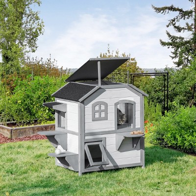 2 Story Outdoor Cat House,Weatherproof Wooden Cat Shelter with Openable Asphalt Roof Escape Door and Platforms for Feral Cats - LAOTIES