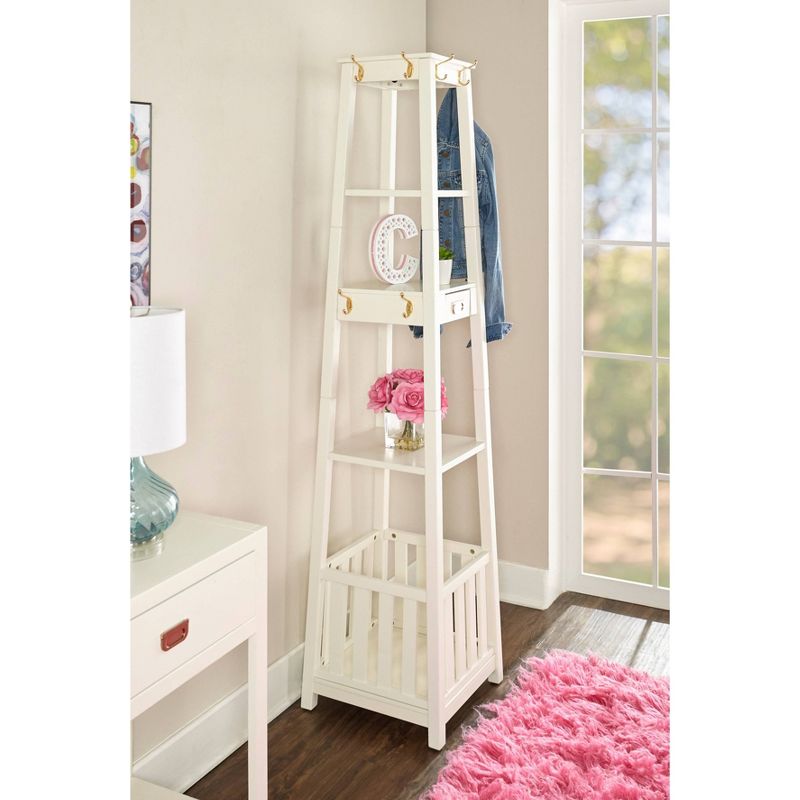 Peggy Transitional 10 Hooks 3 Shelves and a Drawer Pyramid Hall Tree Umbrella Storage White - Linon, 4 of 8