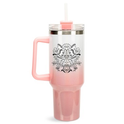 Elanze Designs Love Birds Vintage Floral Damask Wrap-Around 40 Oz. Stainless Steel Water Bottle Coffee Mug, Spill & Leak Resistant, Travel Tumbler