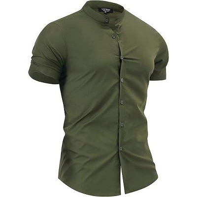 Men's Muscle Dress Shirts Slim Fit Stretch Banded Collar Short Sleeve Casual Button Down Shirt