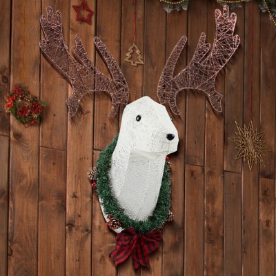 Syemin Decorative Holiday Scene Props Lighted Christmas Wall Decor Reindeer Head 39" Wreath Indoor Outdoor Holiday Displays, White, 26.8"*14.9"*15"