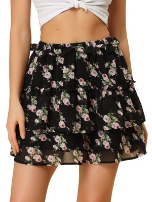 INSPIRE CHIC Women's Layered Ruffle Hem Elastic Waist A-Line Skater Floral Mini Skirt