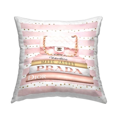 Stupell Industries Pink Designer Bag on Fashion Bookstack Striped Pattern Printed Pillow, 18 x 18