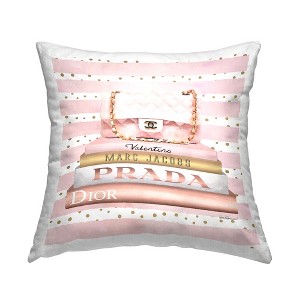 Stupell Industries Pink Designer Bag on Fashion Bookstack Striped Pattern Printed Pillow, 18 x 18 - 1 of 3
