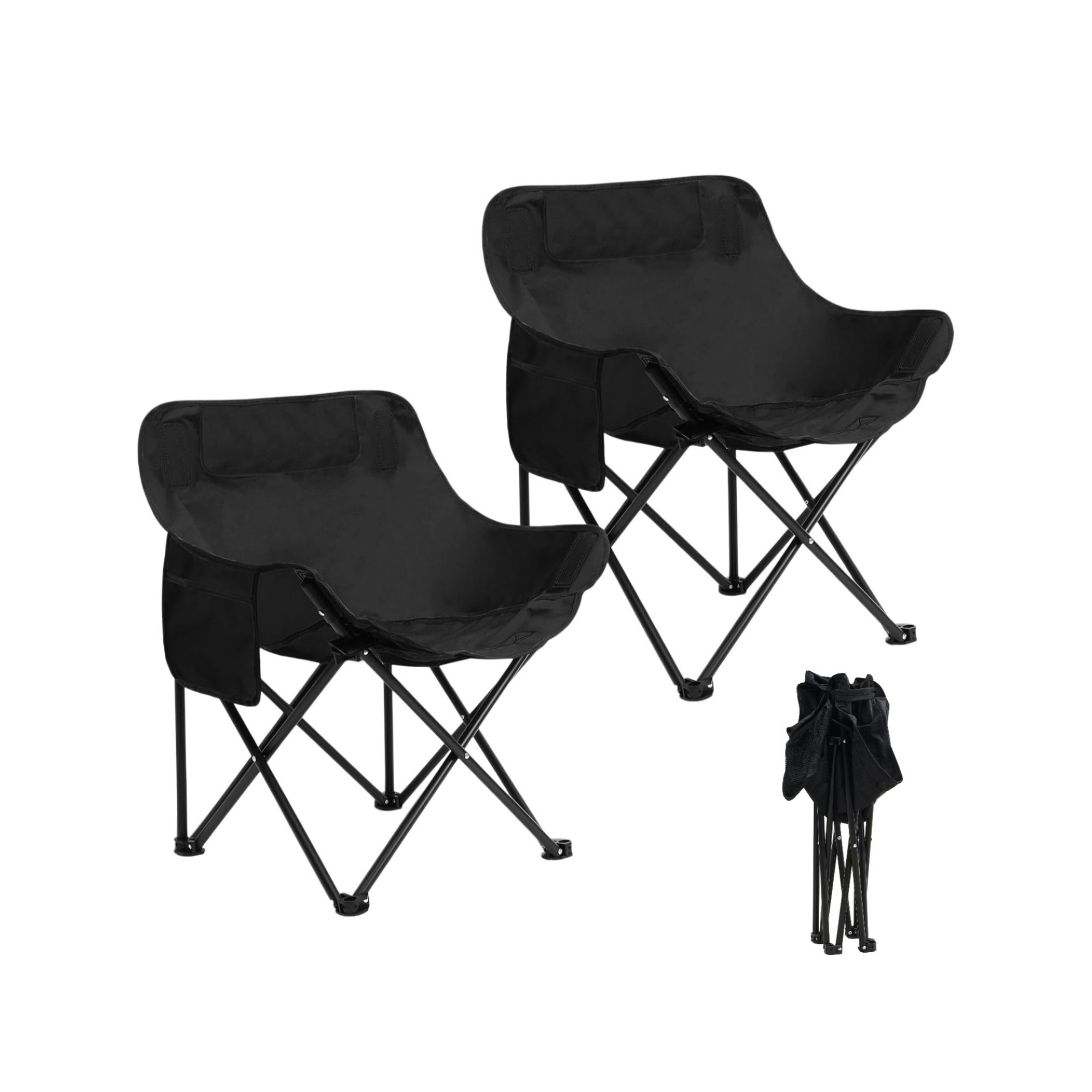 NAYSAYE 2 Pack Compact Camping Chairs Portable Folding for Outside Lightweight Moon Chairs for Travel Picnic Beach Fishing, Black, 16.5"*20"*25.6"