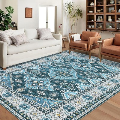 Washable Boho Rug Ultra-Thin Distressed Vintage Rug Low-Pile Floor Carpet Stain Resistant Rugs for Living Room Bedroom Dining Room Office