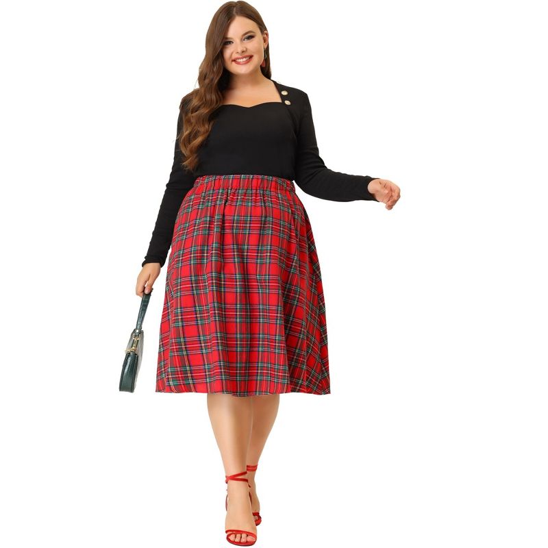 Agnes Orinda Women's Plus Size Velvet Plaid Elastic Waist Flare Fall A Line Skirts, 3 of 6