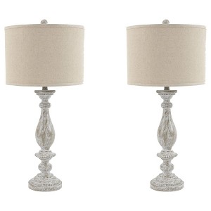 Set of 2 Bernadate Poly Table Lamps Whitewash - Signature Design by Ashley: UL Listed, Drum Shade, Resin Base - 1 of 4